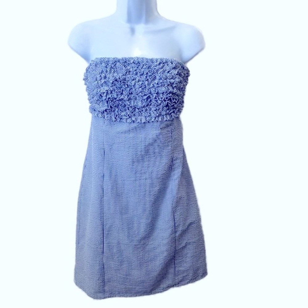 Just Madras, Molly Dress, Strapless Seersucker Blue and White Pinstriped…